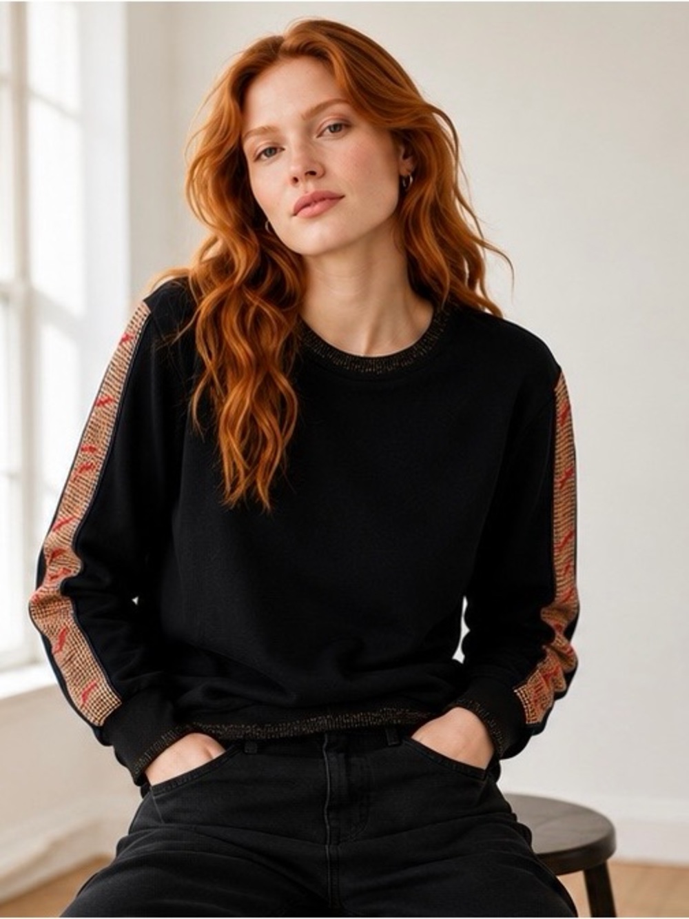 Scotch & Soda Black Sweater with Houndstooth Stripe Sleeves | Size Small